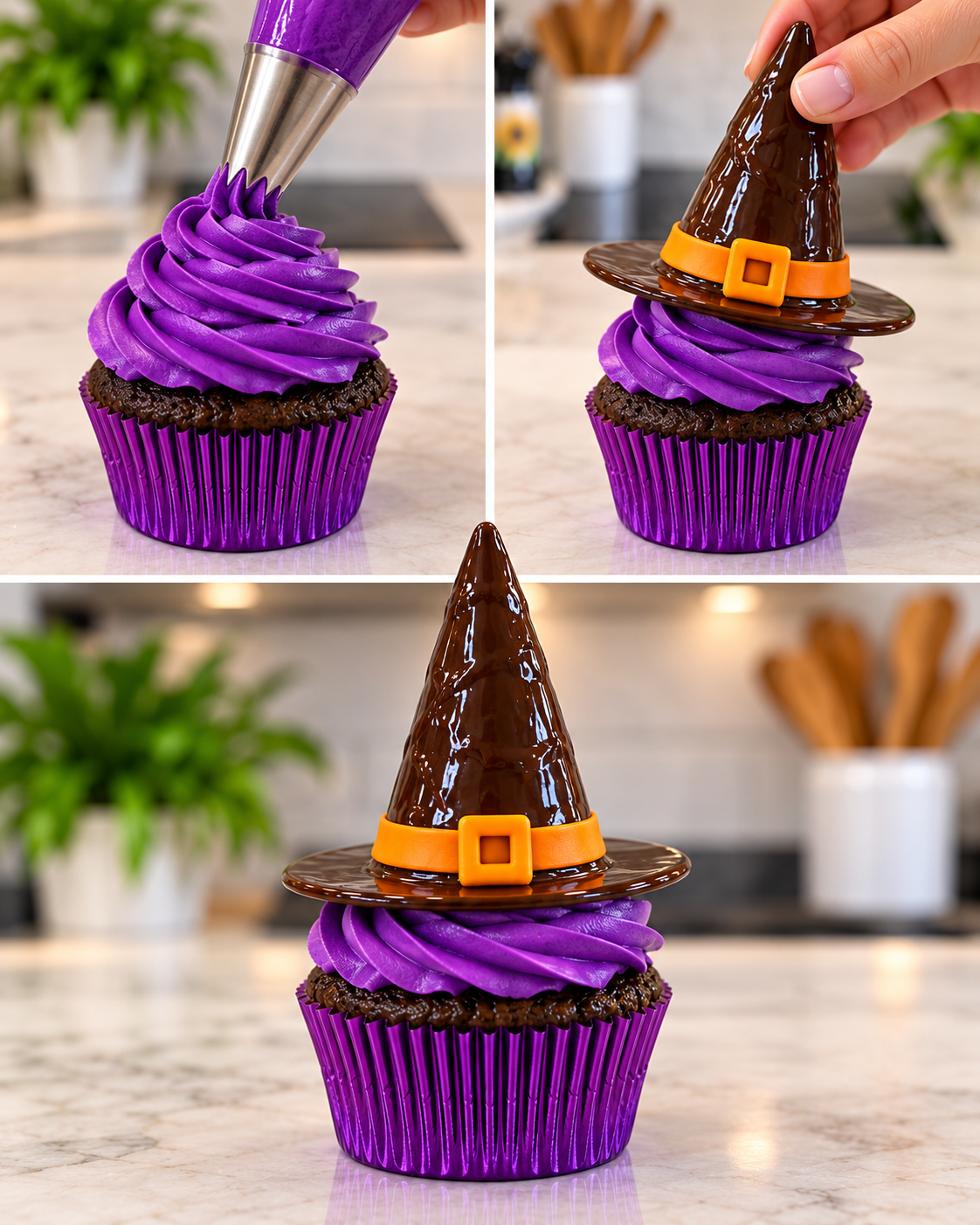 Piping purple buttercream and assembling the treat-filled witch hat cupcakes