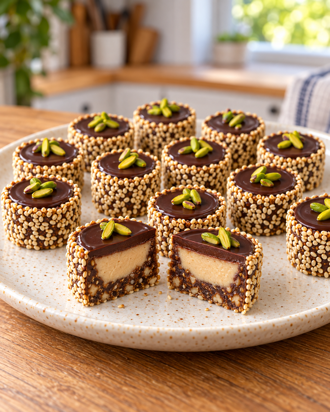 Tahini Chocolate Date Cups coated with sesame and topped with pistachios