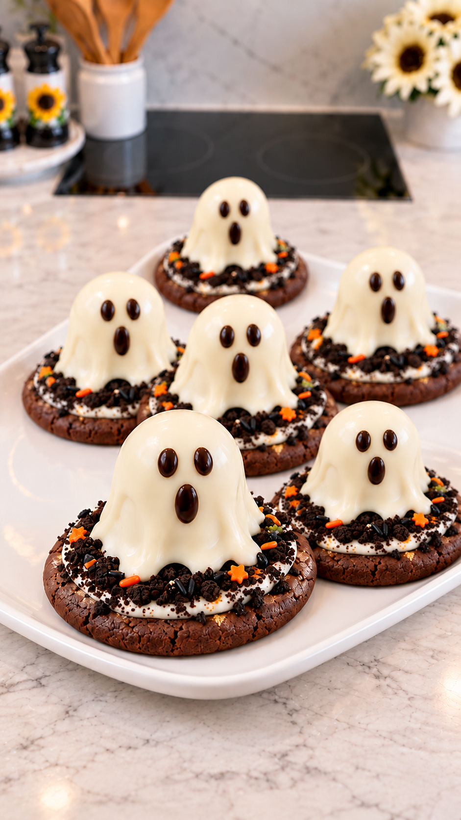 White chocolate ghost cookies with marshmallow centers and Halloween sprinkles